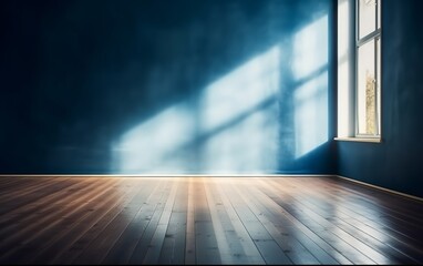 Fototapeta na wymiar An empty blue wall and a wooden floor with captivating light glare create an intriguing interior background for presentations. Made with Generative AI technology