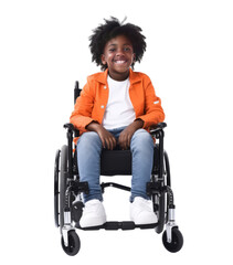 Black happy child in wheelchair isolated on transparent background. PNG file, generative ai image. - obrazy, fototapety, plakaty