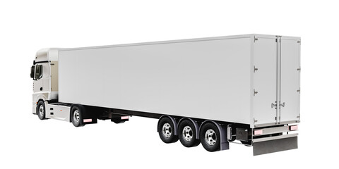 Modern truck with large blank body trailer as banner against transparent background