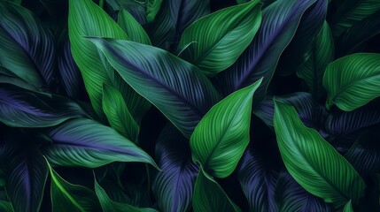 Fototapeta na wymiar Close-up Serenity, Dark Tone Background of Spathiphyllum Cannifolium Leaves in the Garden, Embodying the Essence of Tropical Nature, generative ai.