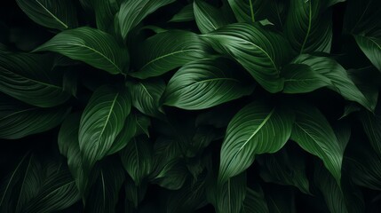 Close-up Serenity, Dark Tone Background of Spathiphyllum Cannifolium Leaves in the Garden, Embodying the Essence of Tropical Nature, generative ai.