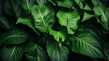 Close-up Serenity, Dark Tone Background of Spathiphyllum Cannifolium Leaves in the Garden, Embodying the Essence of Tropical Nature, generative ai.