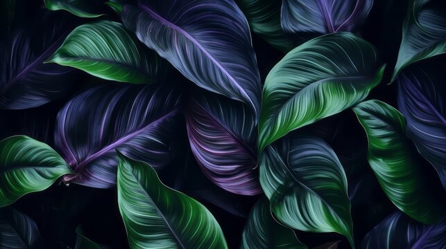 Close-up Serenity, Dark Tone Background of Spathiphyllum Cannifolium Leaves in the Garden, Embodying the Essence of Tropical Nature, generative ai. © Phanida