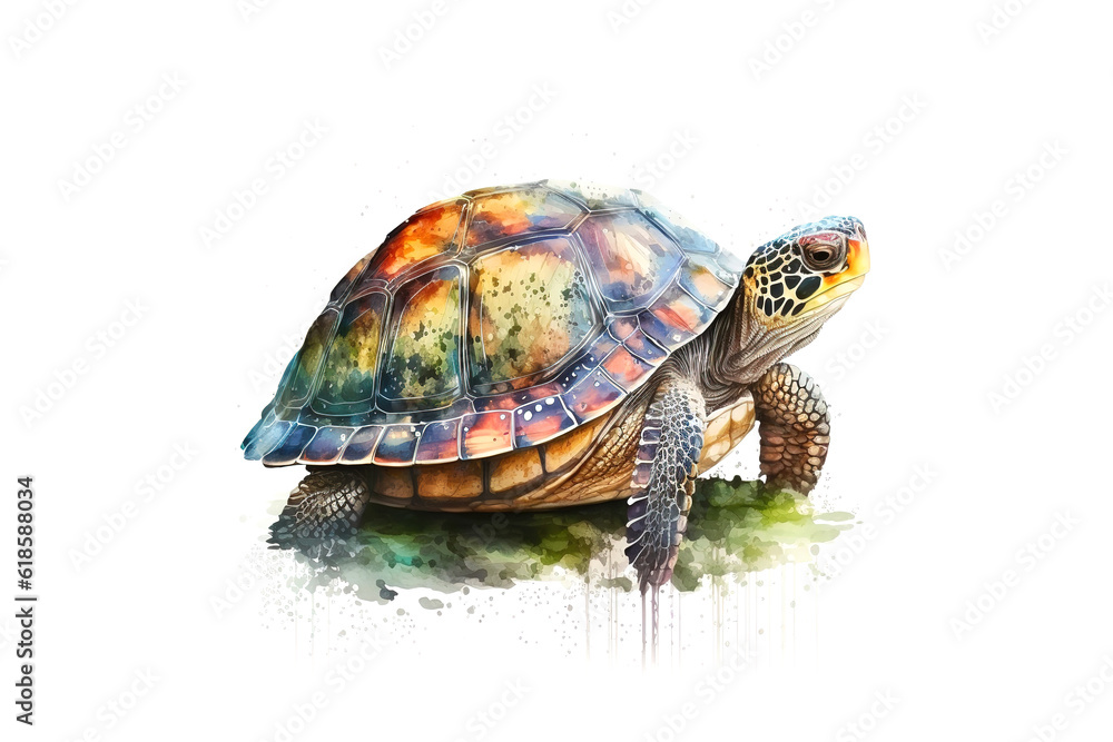 Poster turtle drawn with colored watercolors isolated on a white background. generated by ai.