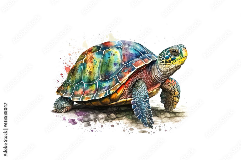 Poster turtle drawn with colored watercolors isolated on a white background. generated by ai.