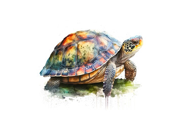 Fototapeta na wymiar turtle drawn with colored watercolors isolated on a white background. Generated by AI.