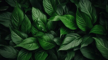 Close-up Serenity, Dark Tone Background of Spathiphyllum Cannifolium Leaves in the Garden, Embodying the Essence of Tropical Nature, generative ai.