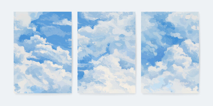 Set of vertical banner, poster, cover or greeting card with blue sky and white clouds. Beautiful watercolor sky background. Vector illustration