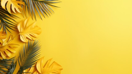 Inviting Summer Aura, Aesthetic Tropical Palm Leaves Composing a Minimalist Backdrop on Yellow, Copy Space Available, generative ai.