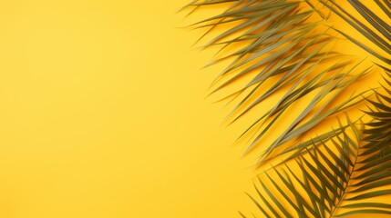 Obraz premium Inviting Summer Aura, Aesthetic Tropical Palm Leaves Composing a Minimalist Backdrop on Yellow, Copy Space Available, generative ai.