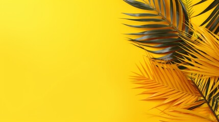 Inviting Summer Aura, Aesthetic Tropical Palm Leaves Composing a Minimalist Backdrop on Yellow, Copy Space Available, generative ai.