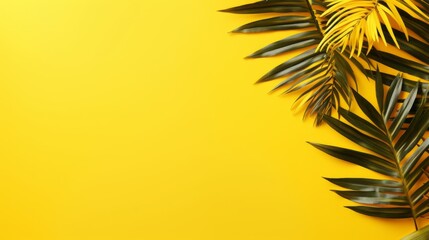 Inviting Summer Aura, Aesthetic Tropical Palm Leaves Composing a Minimalist Backdrop on Yellow, Copy Space Available, generative ai.