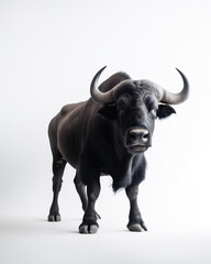 African cape buffalo (Syncerus caffer), also known as a forest, Nile, savannah, black and/or Congo buffalo, studio shot on a white background. Generative ai.