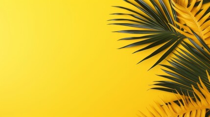 Inviting Summer Aura, Aesthetic Tropical Palm Leaves Composing a Minimalist Backdrop on Yellow, Copy Space Available, generative ai.