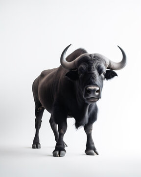 African cape buffalo (Syncerus caffer), also known as a forest, Nile, savannah, black and/or Congo buffalo, studio shot on a white background. Generative ai.