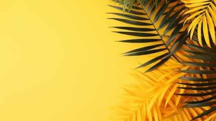 Inviting Summer Aura, Aesthetic Tropical Palm Leaves Composing a Minimalist Backdrop on Yellow, Copy Space Available, generative ai.