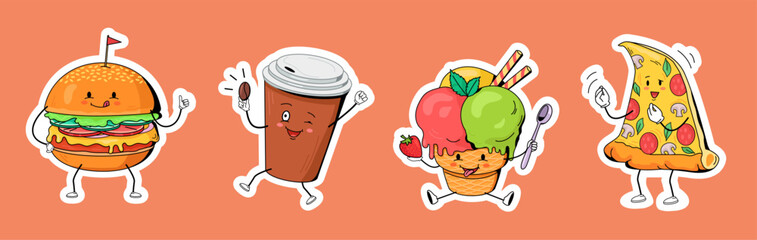  Funny cartoon colorful food characters design vector illustration. Stickers set 