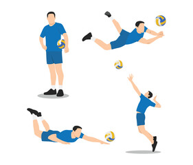 Young sportsman playing volleyball set with different gestures variations. Flat vector illustration isolated on white background
