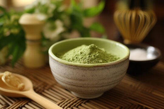 Raw Organic Green Matcha Tea in a Bowl, AI Generated