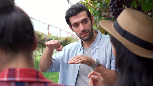 Group of people having a discussion in the vineyard about growing or planting a grape tree.