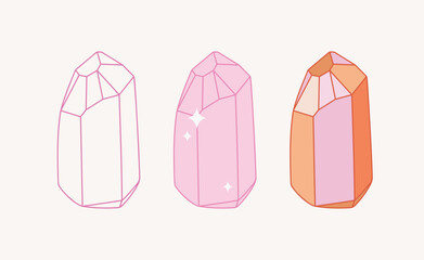 Hand-drawn beige pink crystal mineral isolated on beige background. Minimalistic line art, and colorful flat, retro style.