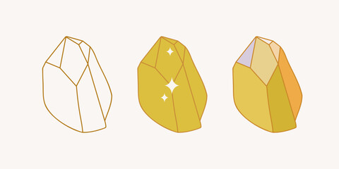 Hand-drawn yellow crystal mineral isolated on beige background. Minimalistic line art, and colorful flat, retro style.