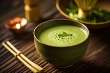 Green matcha tea drink on tray, AI Generated