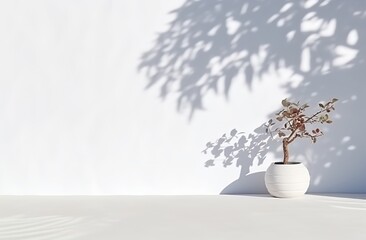 Blurred shadows from leafy plants on a white wall create a minimal abstract background, perfect for product presentations in spring and summer. Made with Generative AI technology