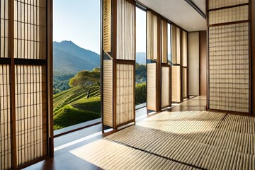 Naklejka premium Close up of cream lace pattern fabric curtain drapery, Japanese tatami mat floor, wooden frame shoji window in sunlight for East Asian interior design decoration. Generative AI
