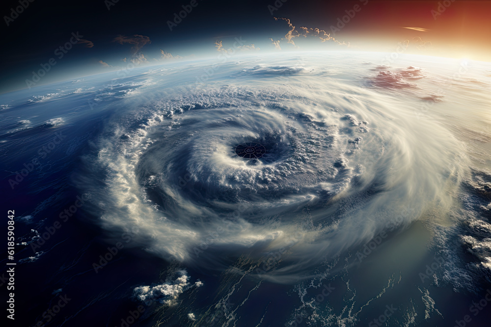 Poster a view of the earth from space with a hurricane in the background. generative ai.