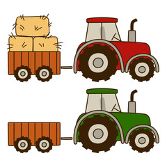Flat tractor. Red and green tractor icon. Vector illustration isolated on a white background. Agricultural transport for farm with bales of hay.