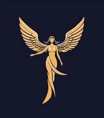 Vector illustration of a silhouette of a woman with spread wings on a white background