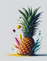 Tropical Summer Illustration of Pineapple Fruit with Colorful Liquid Splash on Clean Background. Design for T-Shirt, Poster, Banner, Invitation, Greeting Card or Cover. AI Generated.