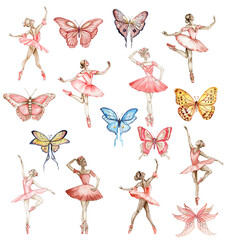 Watercolor dancing ballerina in red dress and colorful butterfly. Hand drawn classic ballet performance, pose. Young pretty ballerina women illustration. Can be used for postcard and posters. - obrazy, fototapety, plakaty