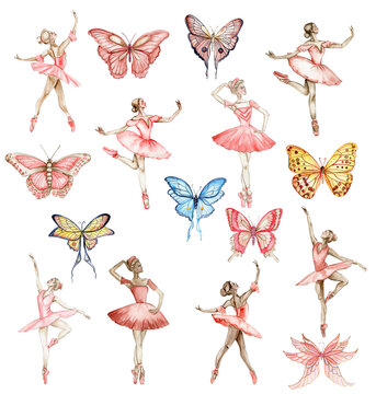 Watercolor dancing ballerina in red dress and colorful butterfly. Hand drawn classic ballet performance, pose. Young pretty ballerina women illustration. Can be used for postcard and posters.