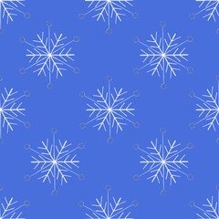 Naklejka na ściany i meble Simple Seamless Pattern with Hand Drawn Snowflakes. Digital Paper in Blue and White with Snowflakes Drawn by Colored Pencils. Winter Seamless Background for Christmas, New Year, Xmas.