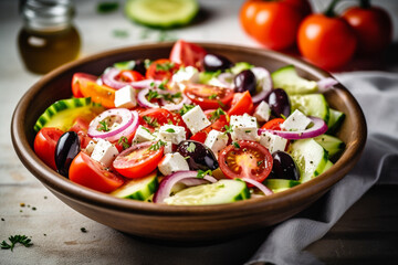 Greek salad in a plate or bowl on light background. Salad with feta cheese and olives. Generative AI