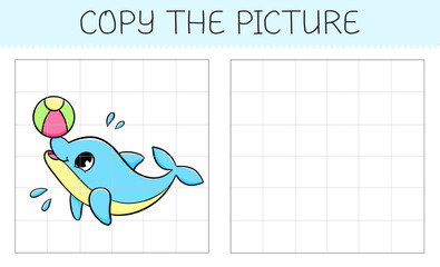 Copy the picture is an educational game for kids with dolphin with ball. Cute cartoon dolphin. Vector illustration.