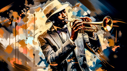 Independent Jazz Musicians Playing Solo Instruments Abstract Illustration and Painting Digital Art Generative AI KI Wallpaper Background Backdrop 