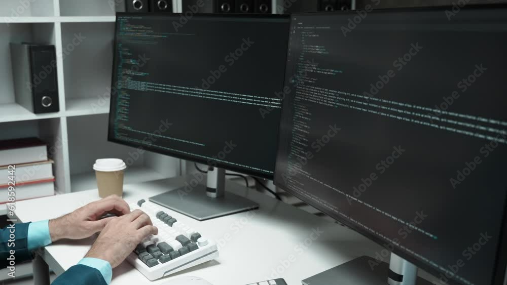 Poster Asian IT Programmer Working on Desktop Computer. Male Specialist Creating Innovative Software. Engineer Developing App, Program.