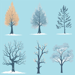 Minimal style tree painting hand drawn. Winter tree watercolor vector illustration. Set of graphics trees elements drawing for architecture and landscape design.	