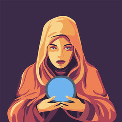 Vector isolated illustration of a witch with a magic ball. Prediction of the future.