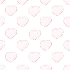 Seamless Pattern with Hearts. Hand Drawn Valentines Background. Red Hearts on White Background. Digital Paper Drawn by Colored Pencils.