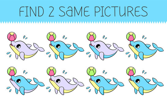 Find two same pictures is an educational game for kids with cute dolphin with ball. Cute cartoon dolphin. Vector illustration.