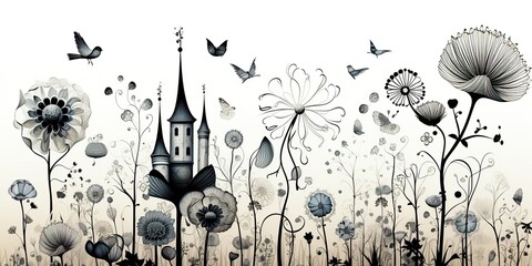 AI Generated. AI Generative. Vintage retro monochrome flower field blossom plant with butterfly. Romantic herbal vibe. Graphic Art