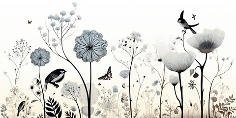 Naklejka premium AI Generated. AI Generative. Vintage retro monochrome flower field blossom plant with butterfly. Romantic herbal vibe. Graphic Art