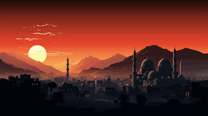 Fototapeta na wymiar Arabian cityscape. Sunset town scenery. Old arabian cityscape. Horizontal illustration of big arab city at sunset. Vector illustration EPS10