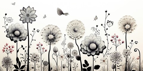 AI Generated. AI Generative. Vintage retro monochrome flower field blossom plant with butterfly. Romantic herbal vibe. Graphic Art