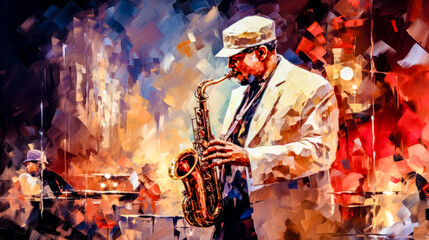 Independent Jazz Musicians Playing Solo Instruments Abstract Illustration and Painting Digital Art Generative AI KI Wallpaper Background Backdrop  - obrazy, fototapety, plakaty