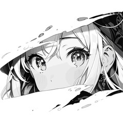 Naklejka premium Manga eyes looking with paint dripping from her face. Drawing of black and white anime girl peeps out. Isolated on white background. Vector illustration EPS10